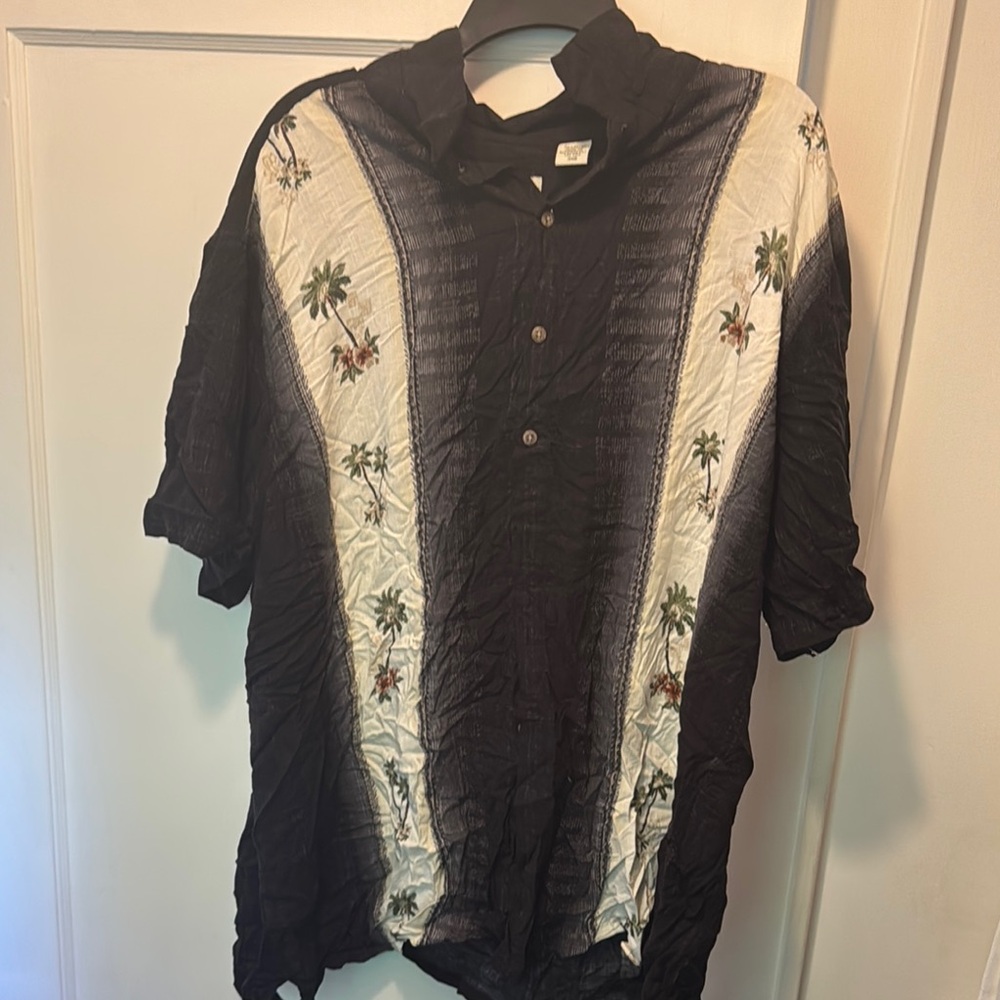 Black and White Casual Button Down Shirt with Palm Tree Accents